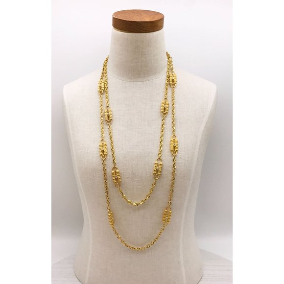 Necklace double strand gold tone textured with clear rhinestones by JBK 24" - 30 - Picture 2 of 4